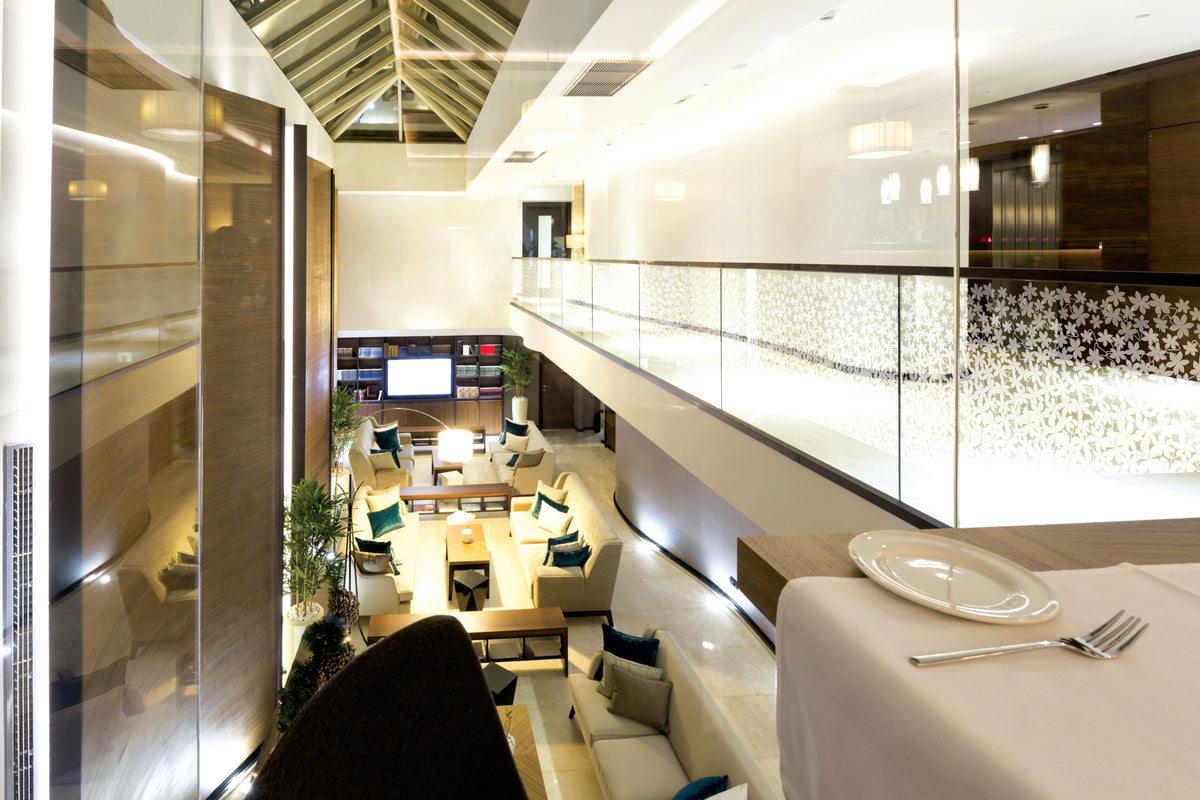 Floris decorative window film installed on architectural glass in Dubai and Abu Dhabi