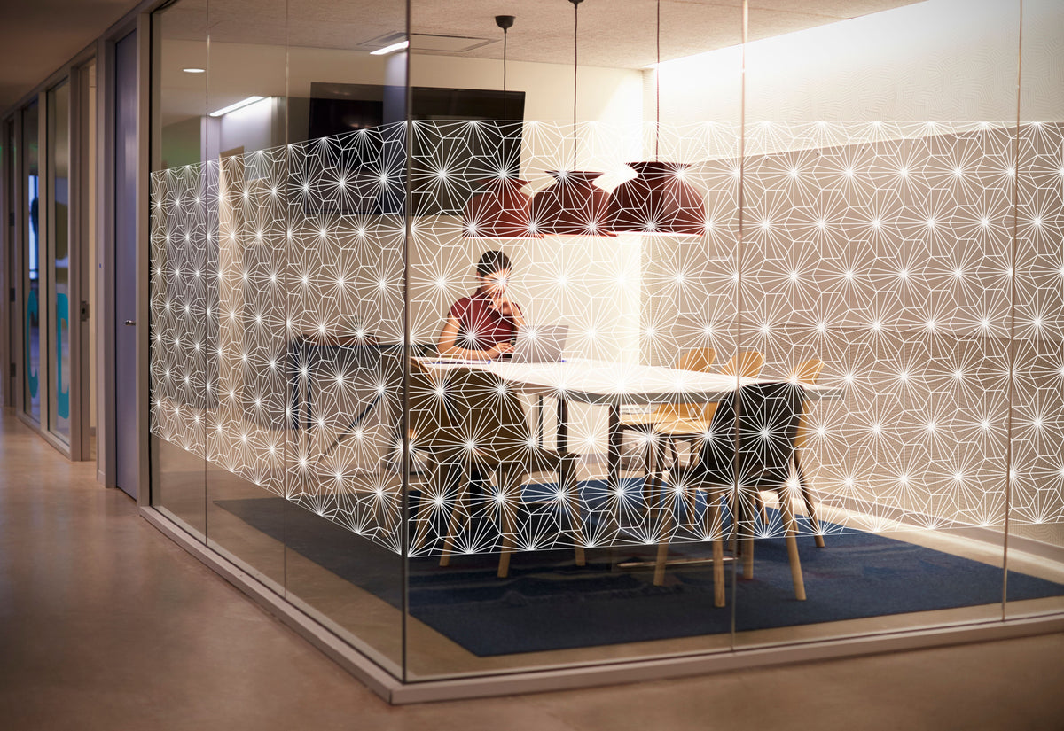 Kaleidoscope decorative window film installed on architectural glass in Dubai and Abu Dhabi